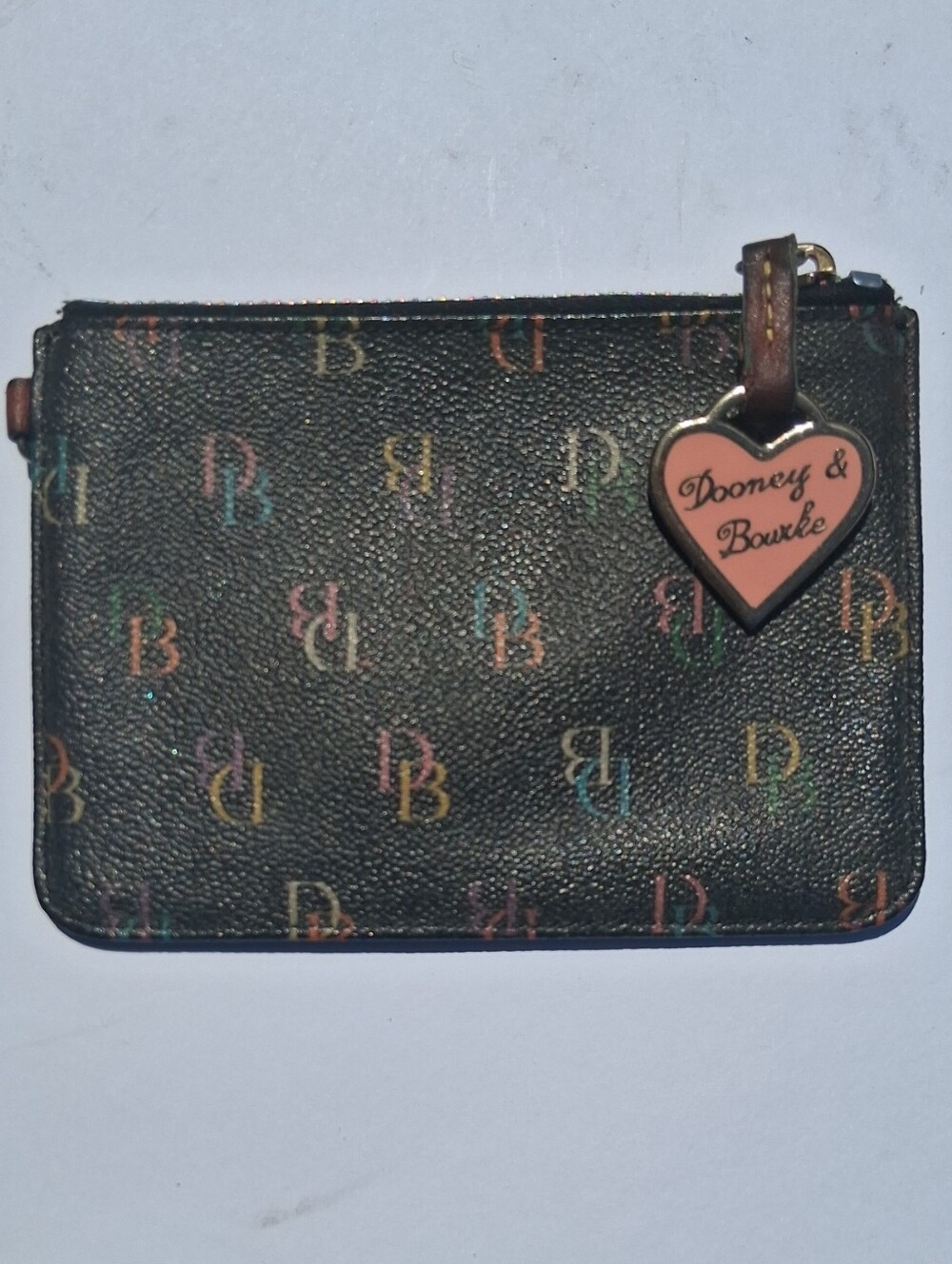 Dooney & Bourke Dk Gray Y2k Rainbow Logo Card Wallet with Pink Heart Charm